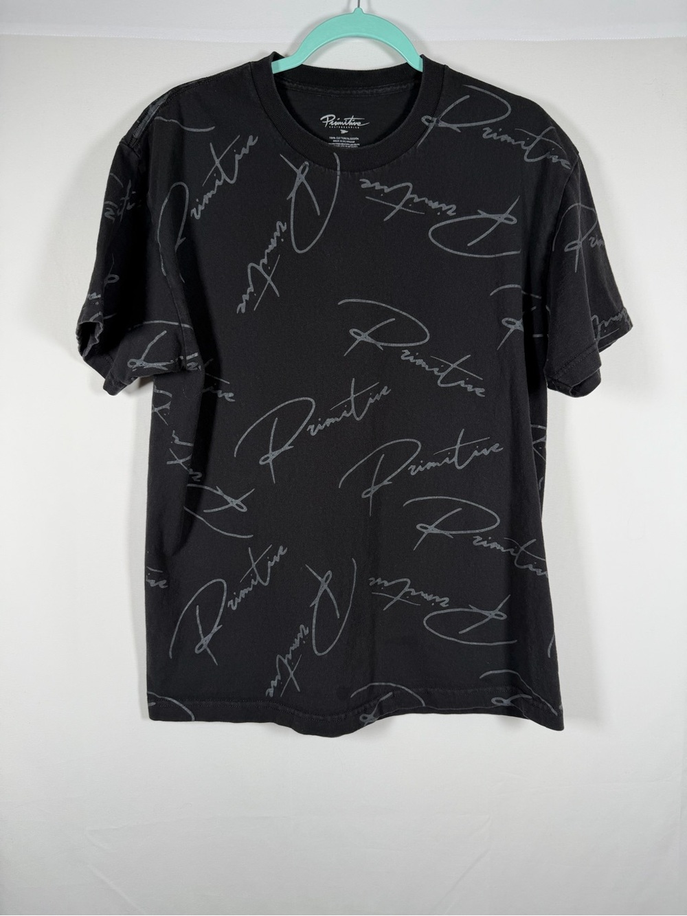 Primitive Black Tee with All-Over Gray Script Skater, Street